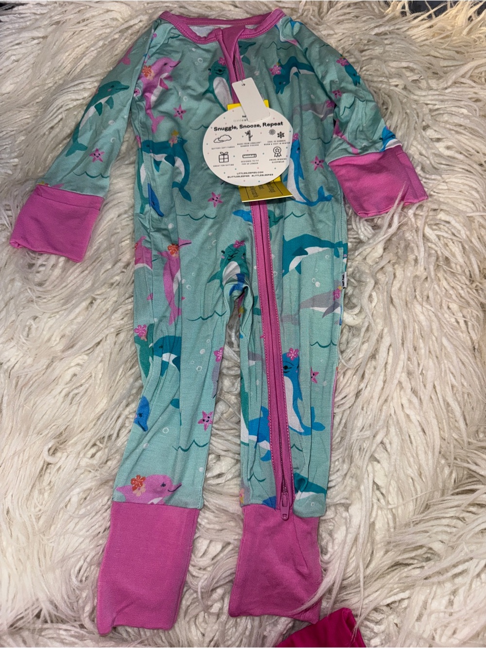 Little Sleepies Mint Dolphin One-Piece Footie with Pink Trim